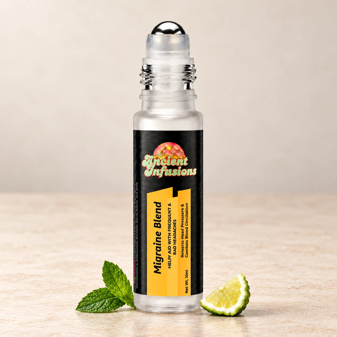 Ancient Infusions Migraine Herbal Remedy Oil Calm & Clarity single roller bottle with botanical accents on a soft ivory stone background.