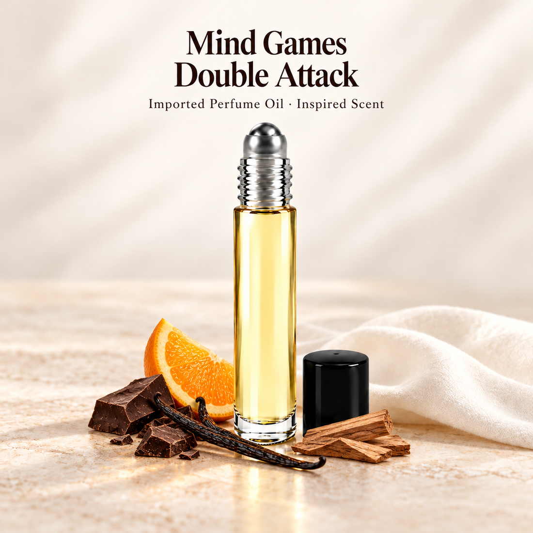 Mind Games Double Attack Perfume Oil with minimal scent note accents on soft ivory