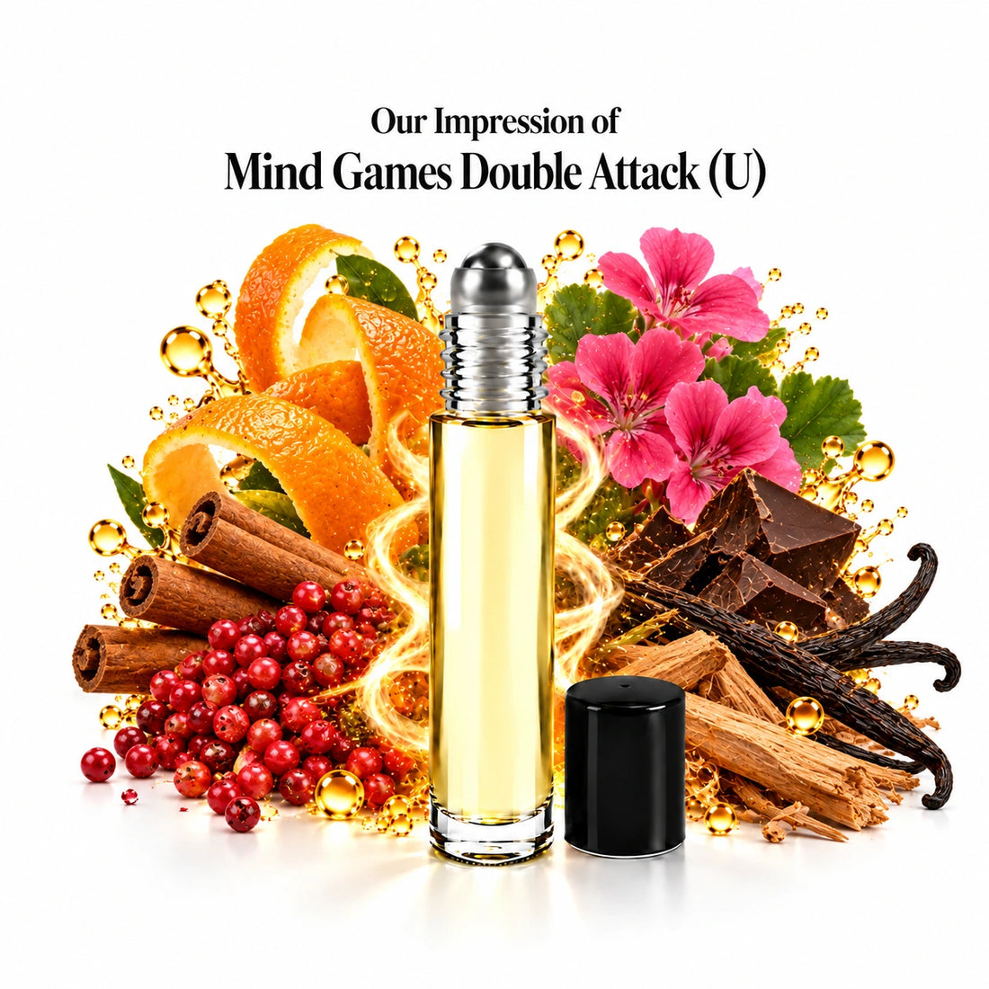 Our impression of Mind Games Double Attack perfume oil with fragrance notes on white
