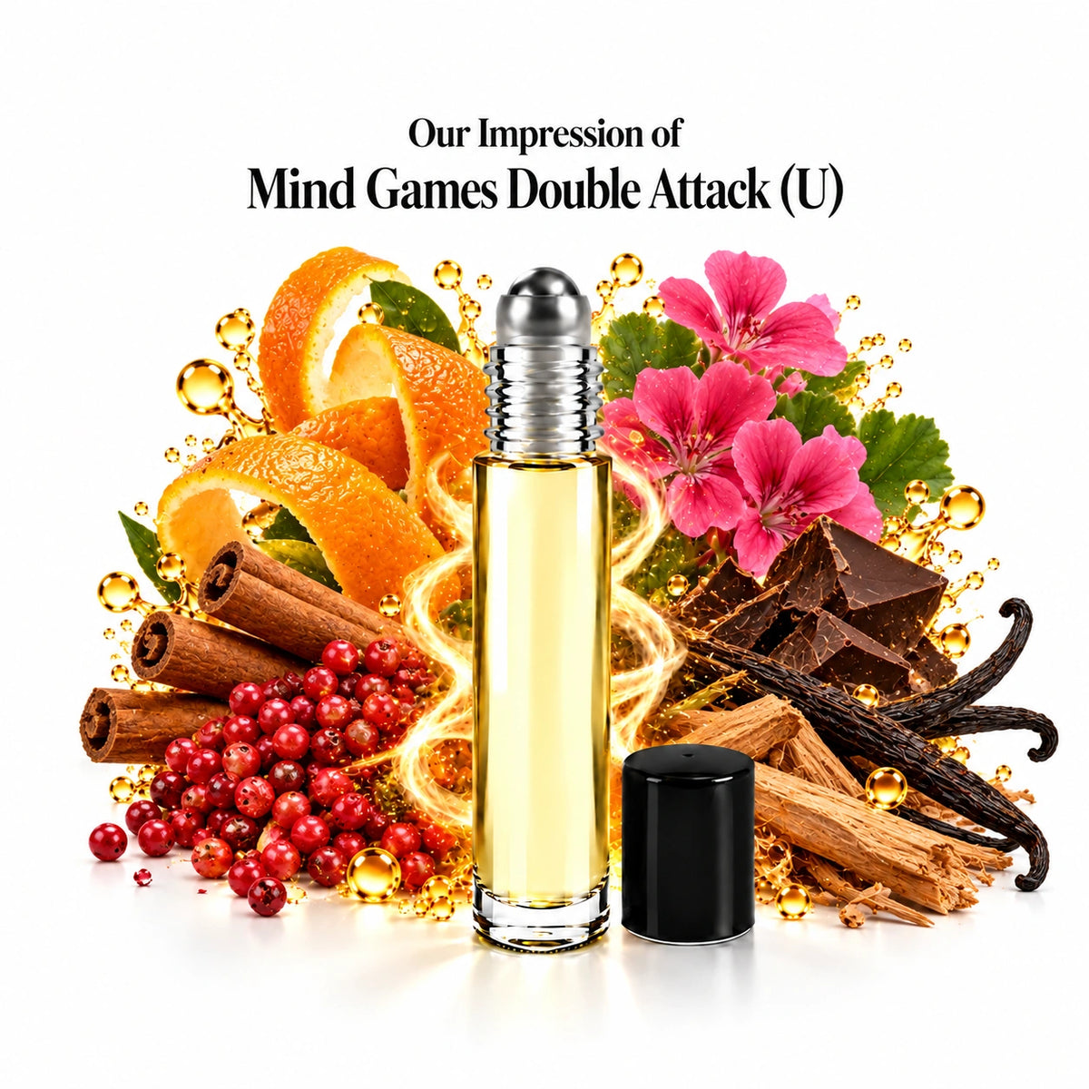 Our impression of Mind Games Double Attack perfume oil with fragrance notes on white