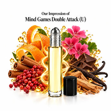 Our impression of Mind Games Double Attack perfume oil with fragrance notes on white