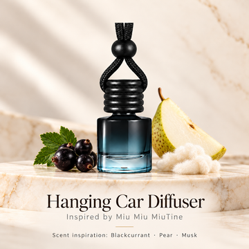 Hanging car diffuser inspired by Miu Miu MiuTine, with scent illustrations on warm ivory stone