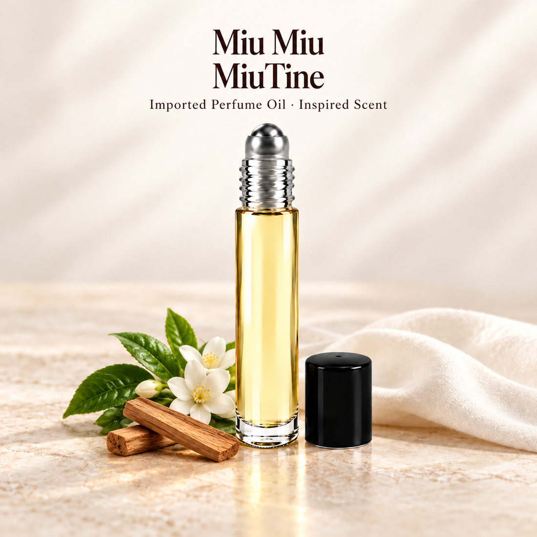 Miu Miu MiuTine Perfume Oil with minimal scent note accents on soft ivory