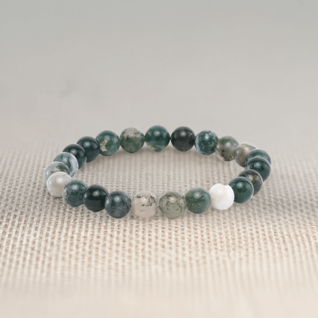 Moss Agate Bracelet for Women and Men – Real Beaded Elastic Healing Crystal Jewelry.