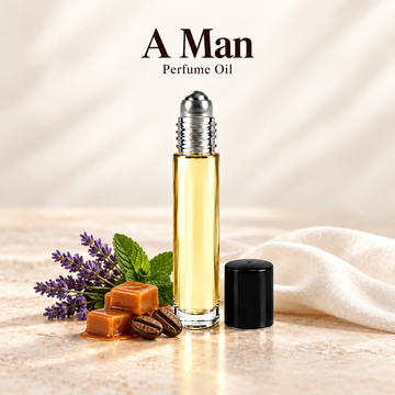 Mugler A Man Perfume Oil with simple scent note accents on soft ivory