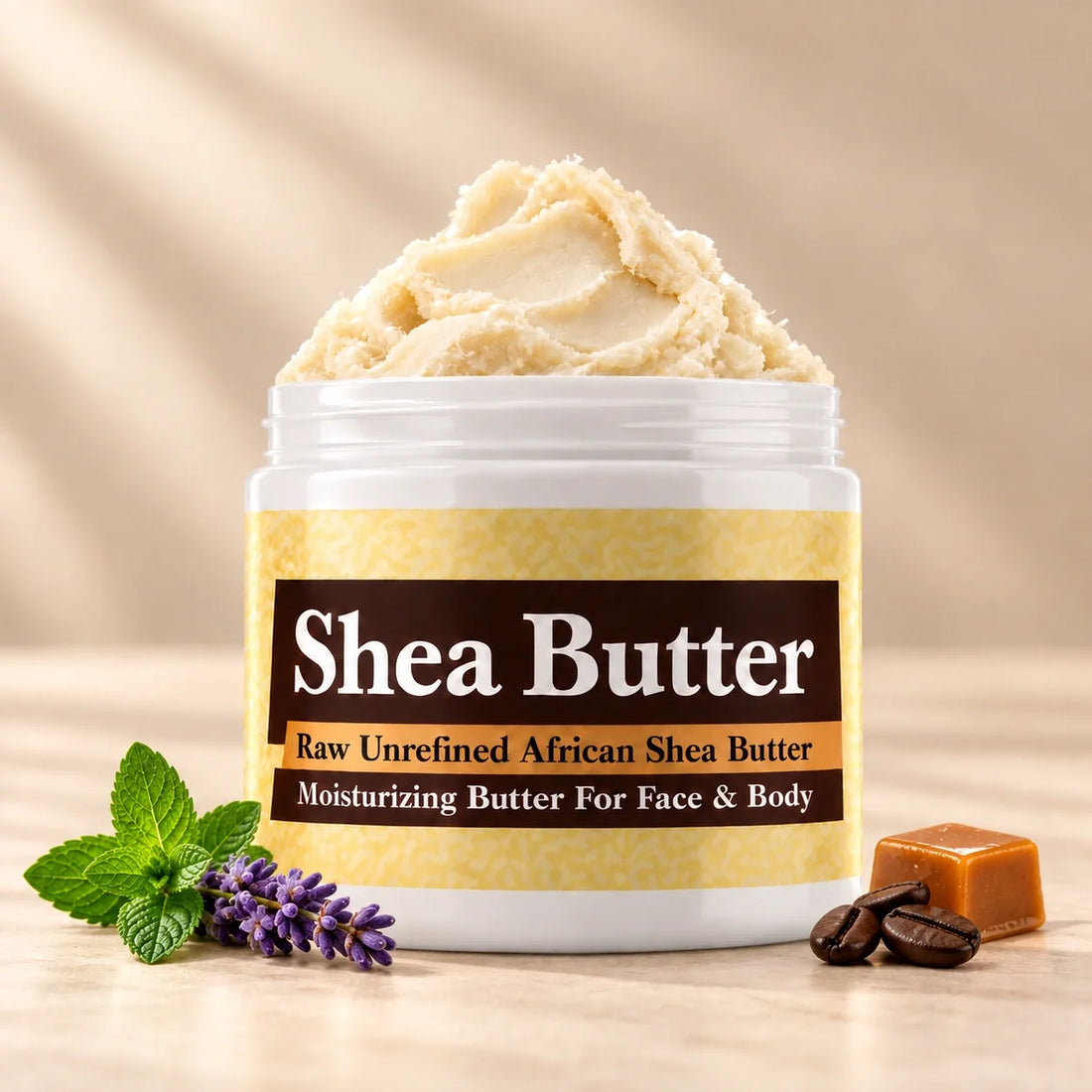 Mugler A Man Shea Butter in an open white jar with textured ivory shea butter and subtle scent accents on a soft cream background.