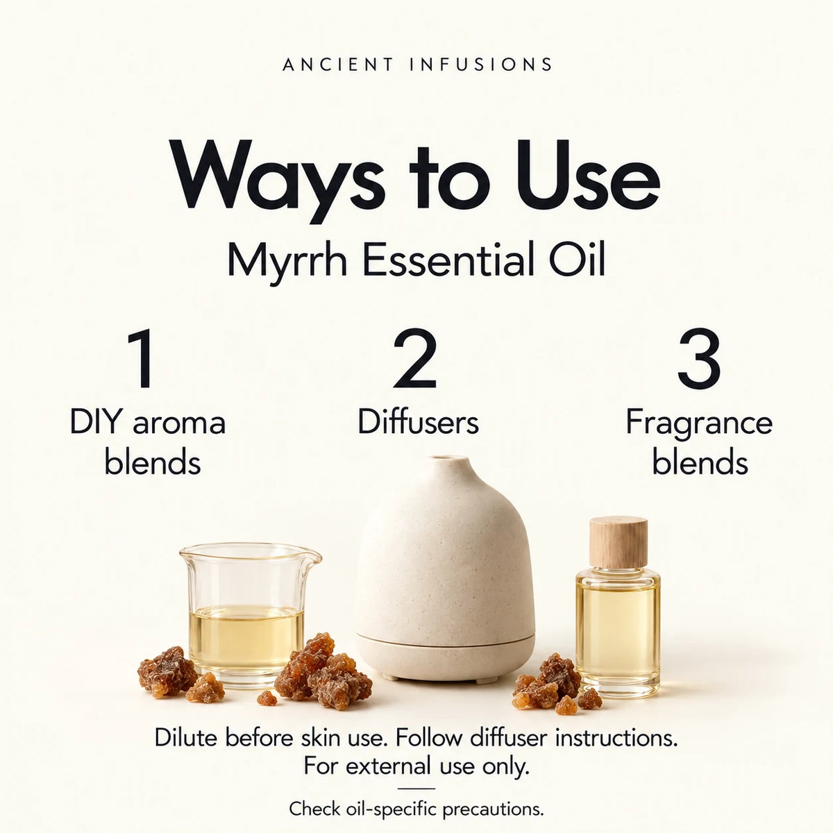 Myrrh Essential Oil uses: DIY aroma blends, diffusers and fragrance blends. Dilute before skin use; follow diffuser instructions; check oil-specific precautions.
