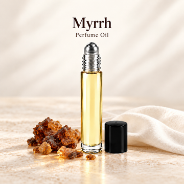 Myrrh Perfume Oil with simple scent note accents on soft ivory