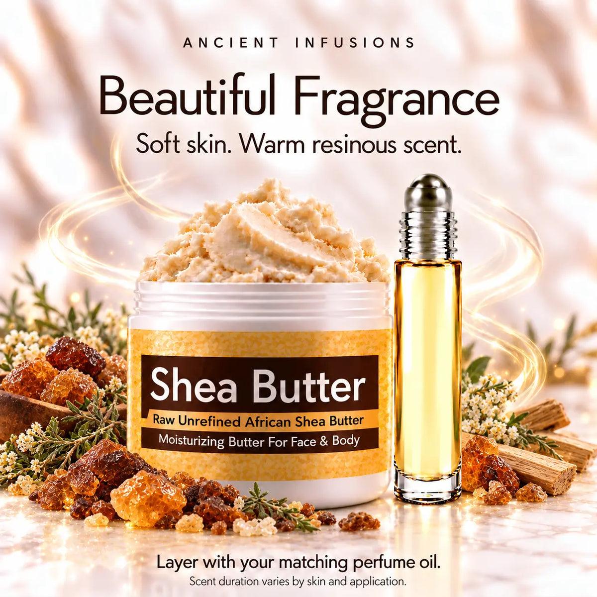 Myrrh shea butter and matching perfume oil for fragrance layering; scent duration varies.