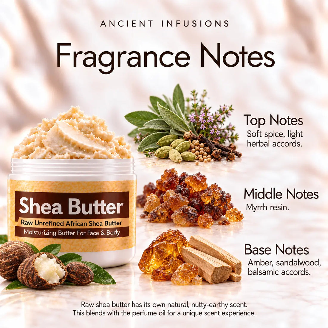 Myrrh Shea Butter in an open white jar with textured ivory shea butter and simple scent accents on a soft cream background.