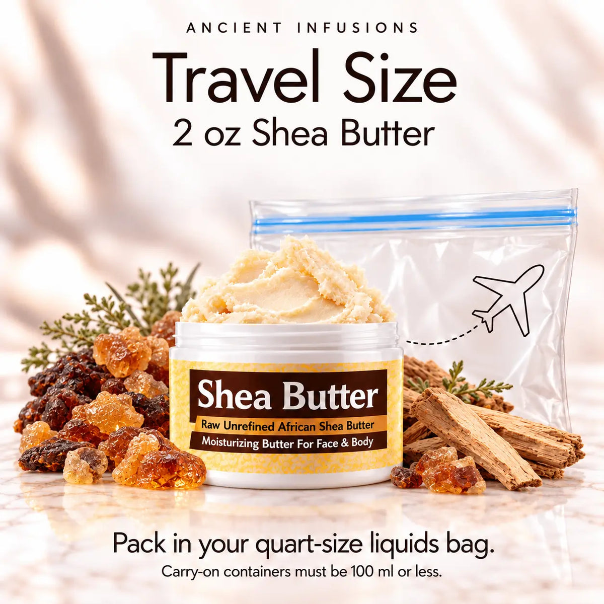 Two-ounce Myrrh shea butter with quart-size liquids bag and carry-on packing guidance.