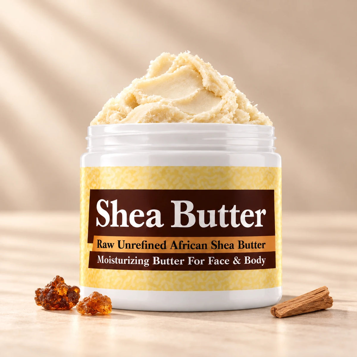 Myrrh Shea Butter in an open white jar with textured ivory shea butter and simple scent accents on a soft cream background.