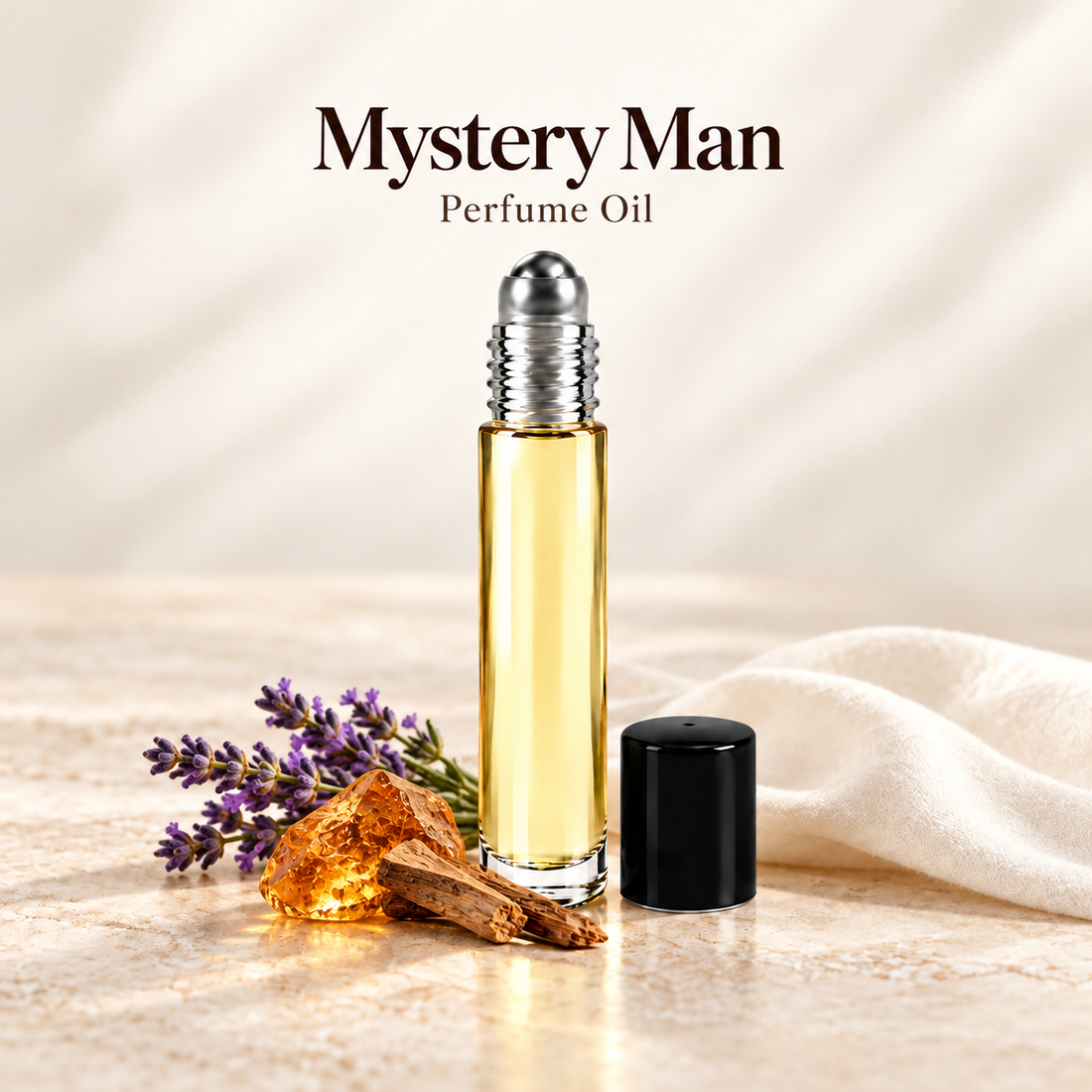 Mystery Man Perfume Oil with simple scent note accents on soft ivory
