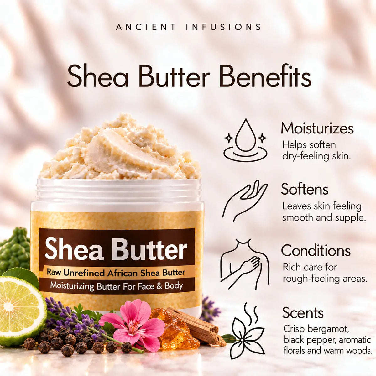 Mystery Man shea butter moisturizing, softening, conditioning and crisp bergamot, black pepper, aromatic florals and warm woods scented-skin benefits.