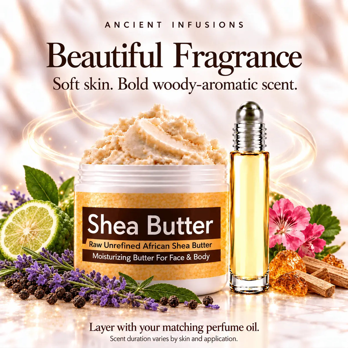 Mystery Man shea butter and matching perfume oil for fragrance layering; scent duration varies.