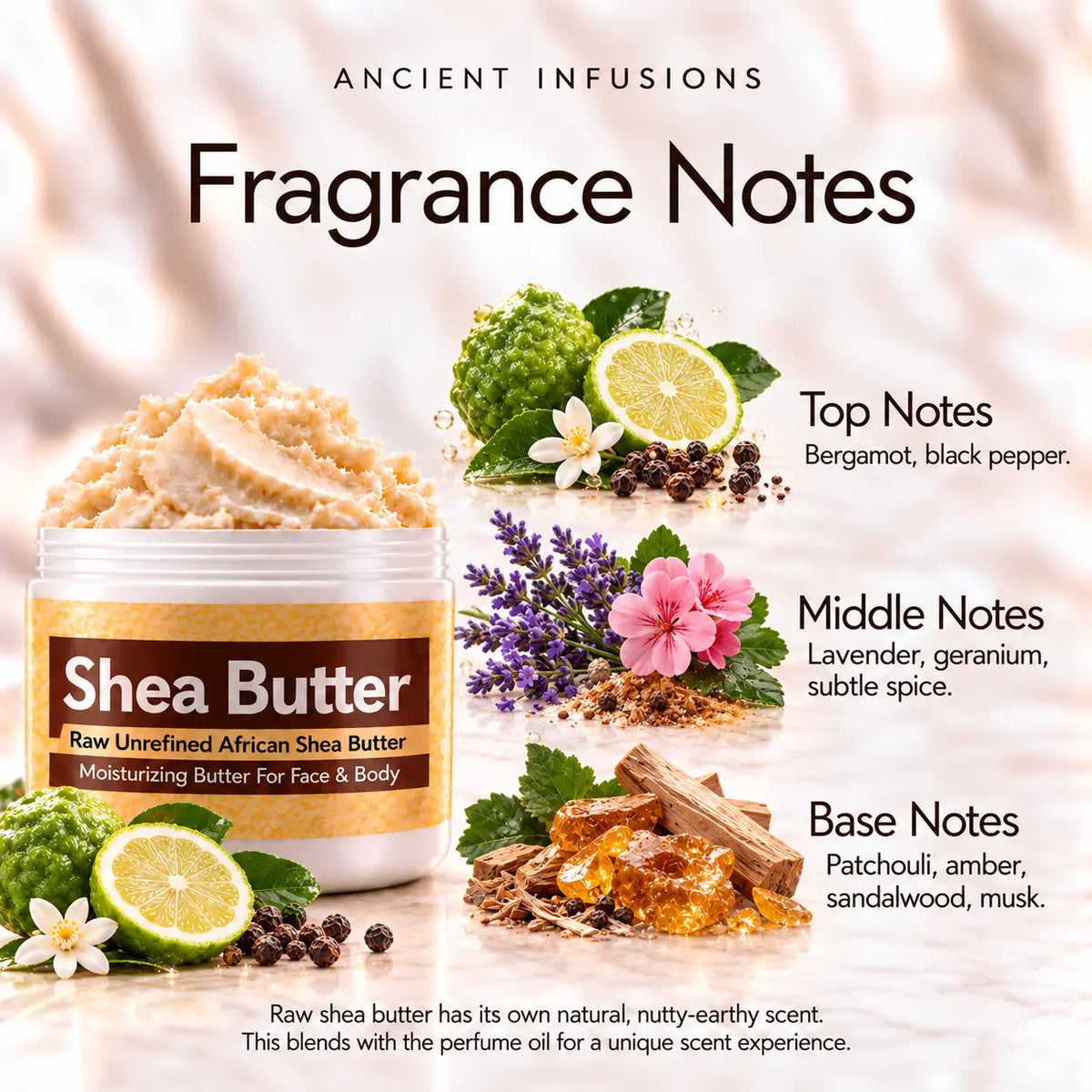 Mystery Man shea butter fragrance notes: bergamot and black pepper; lavender, geranium and subtle spice; patchouli, amber, sandalwood and musk.