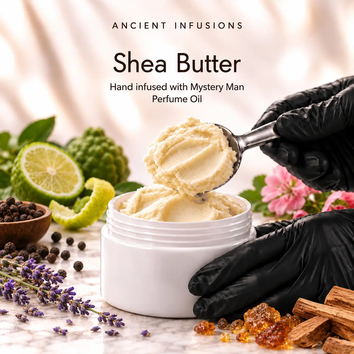 Black vinyl-gloved hands scoop raw shea butter hand infused with Mystery Man perfume oil.