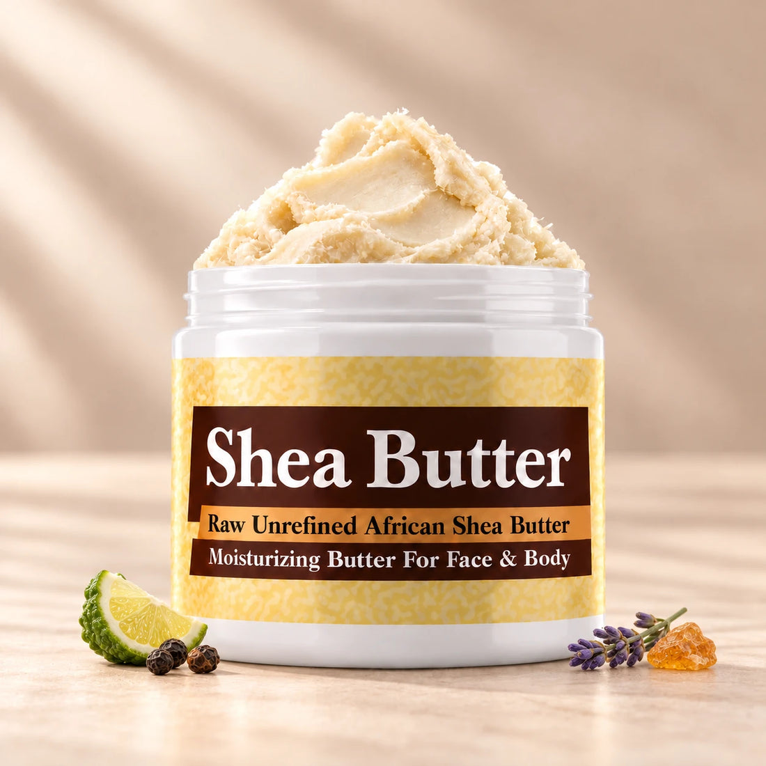Mystery Man Shea Butter in an open white jar with textured ivory shea butter and subtle scent accents on a soft cream background.