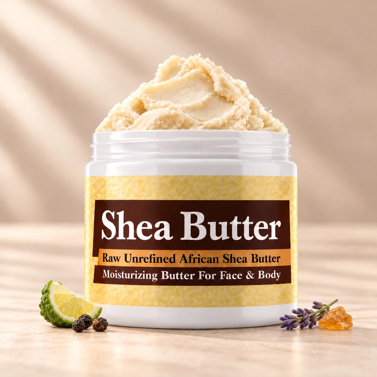Mystery Man Shea Butter in an open white jar with textured ivory shea butter and subtle scent accents on a soft cream background.