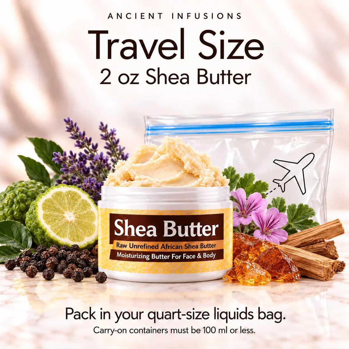 Two-ounce Mystery Man shea butter with quart-size liquids bag and carry-on packing guidance.