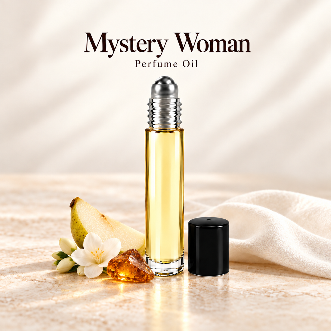 Mystery Woman Perfume Oil with simple scent note accents on soft ivory