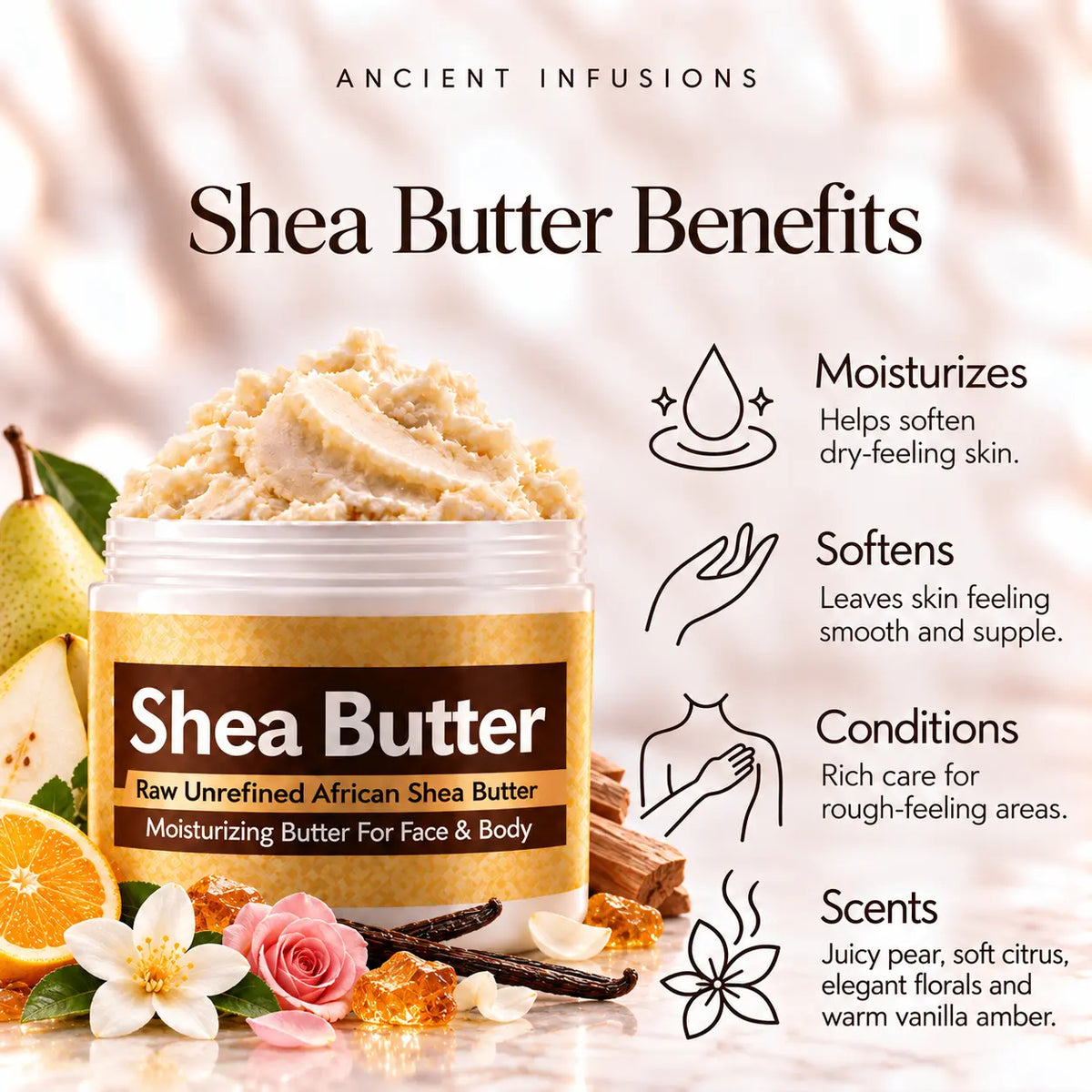 Mystery Woman shea butter moisturizing, softening, conditioning and juicy pear, soft citrus, elegant florals and warm vanilla amber scented-skin benefits.