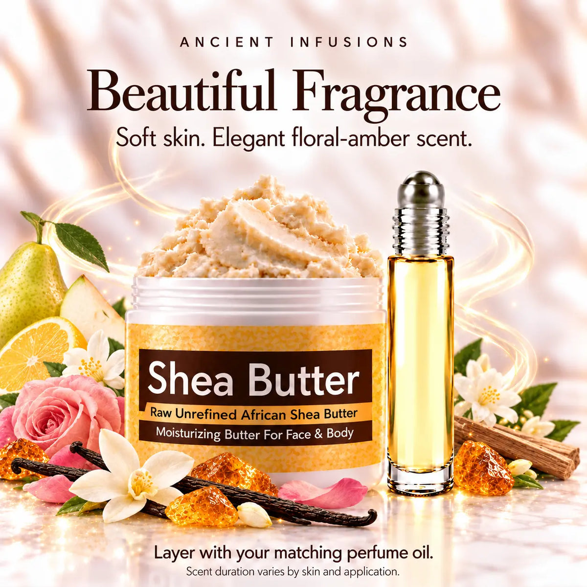 Mystery Woman shea butter and matching perfume oil for fragrance layering; scent duration varies.