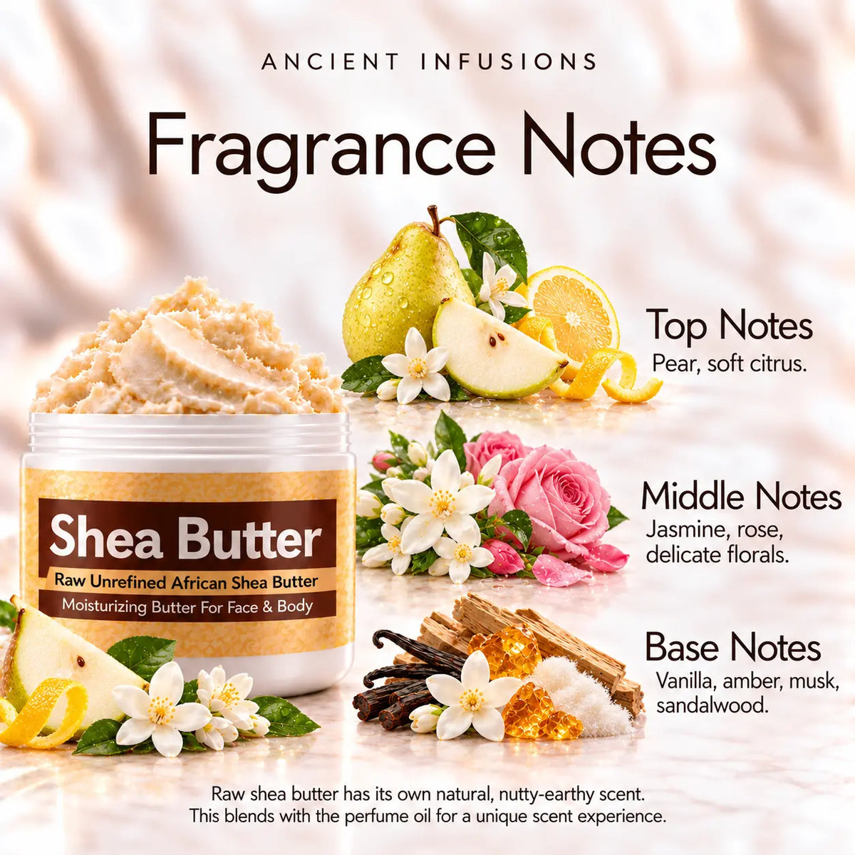 Mystery Woman shea butter fragrance notes: pear and soft citrus; jasmine, rose and delicate florals; vanilla, amber, musk and sandalwood.