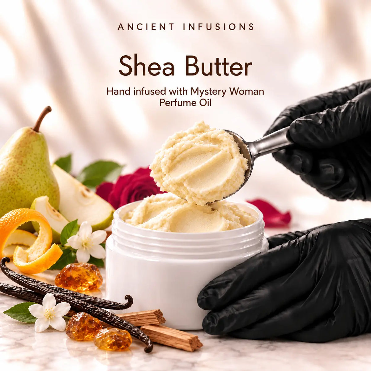 Black vinyl-gloved hands scoop raw shea butter hand infused with Mystery Woman perfume oil.