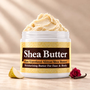 Mystery Woman Shea Butter in an open white jar with textured ivory shea butter and subtle scent accents on a soft cream background.
