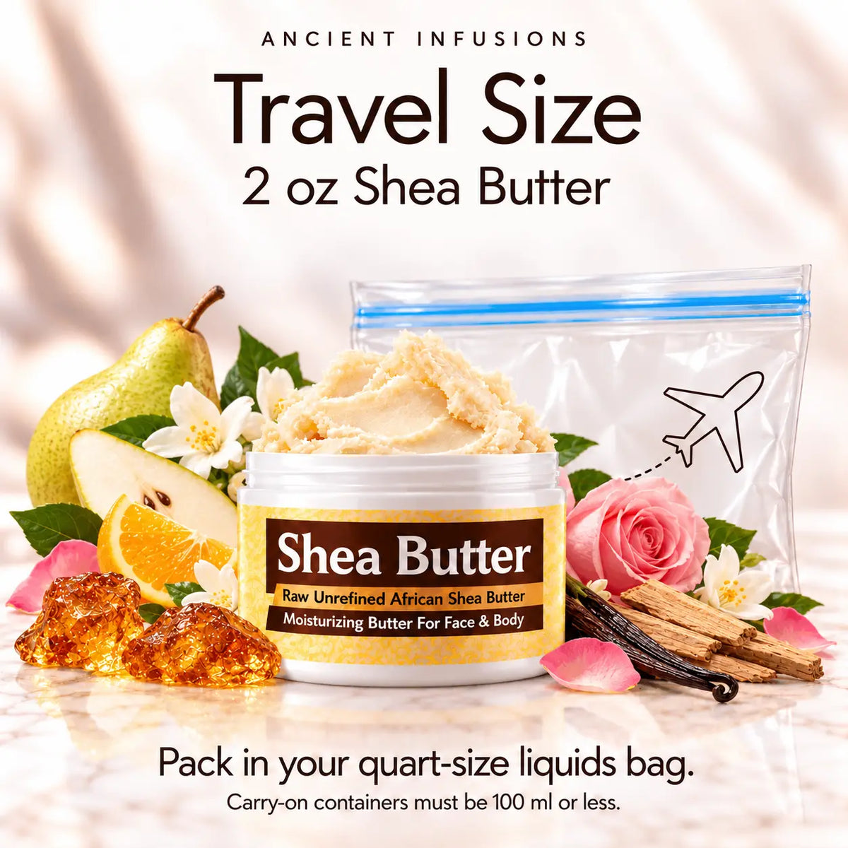 Two-ounce Mystery Woman shea butter with quart-size liquids bag and carry-on packing guidance.