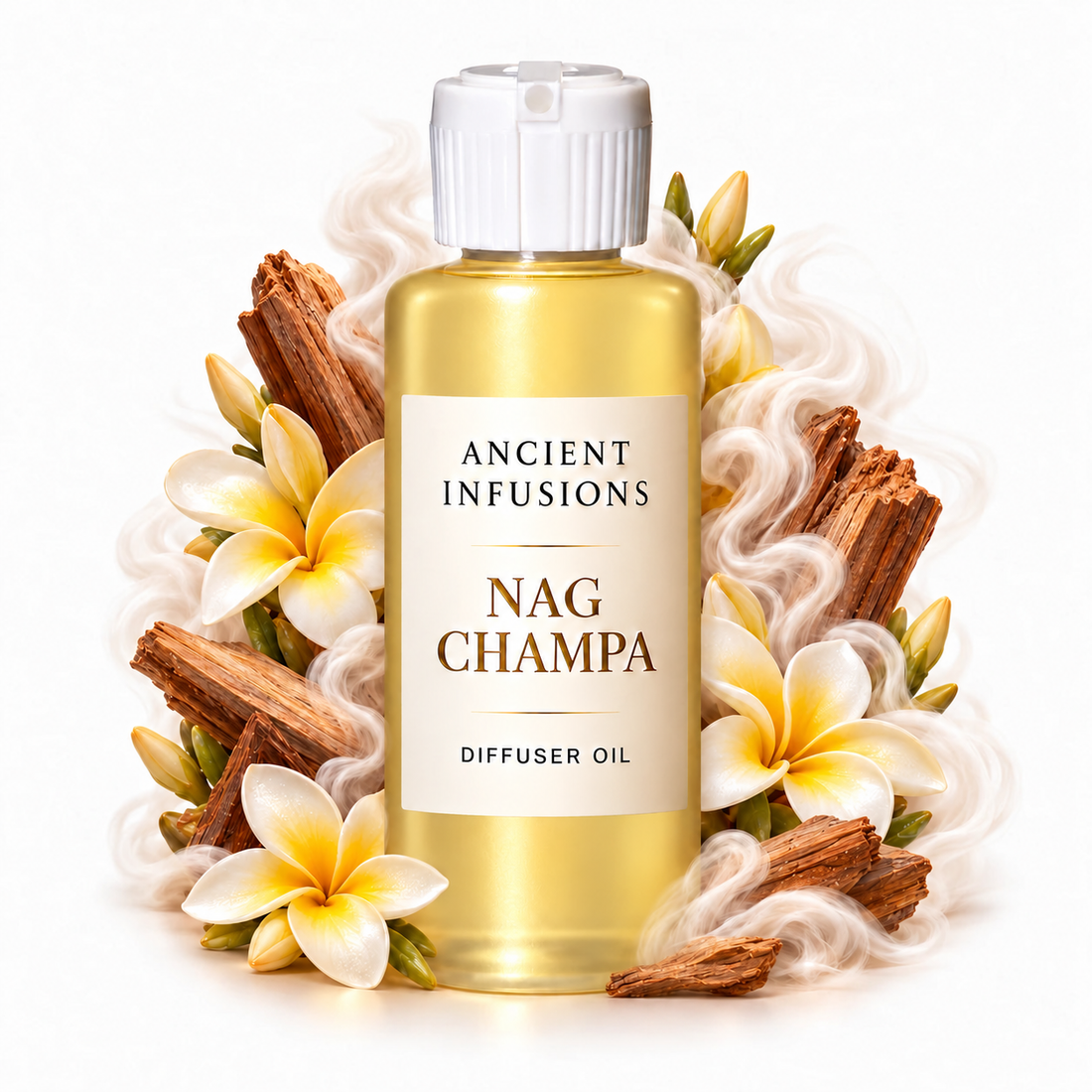 Nag Champa Diffuser Oil by Ancient Infusions with golden oil, white cap and matching scent artwork