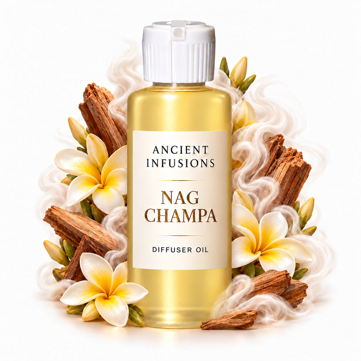 Nag Champa Diffuser Oil by Ancient Infusions with golden oil, white cap and matching scent artwork