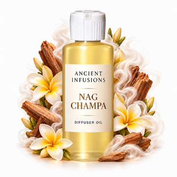Nag Champa Diffuser Oil by Ancient Infusions with golden oil, white cap and matching scent artwork