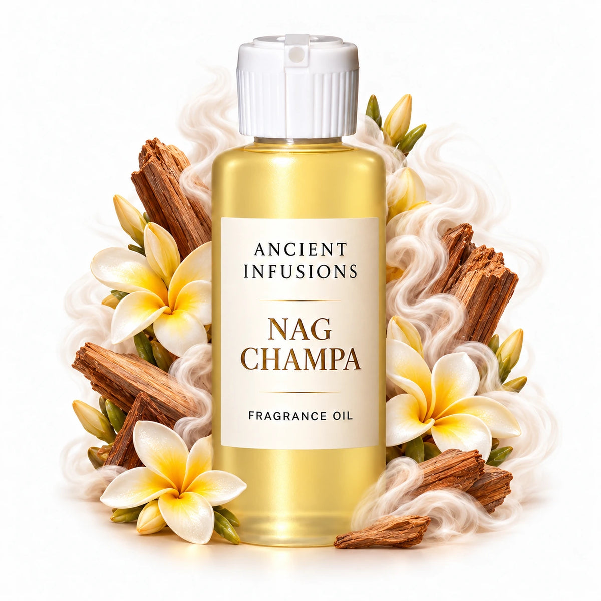 Nag Champa fragrance oil by Ancient Infusions, with pale yellow oil and a tight halo representing sandalwood, champa flower, musk.