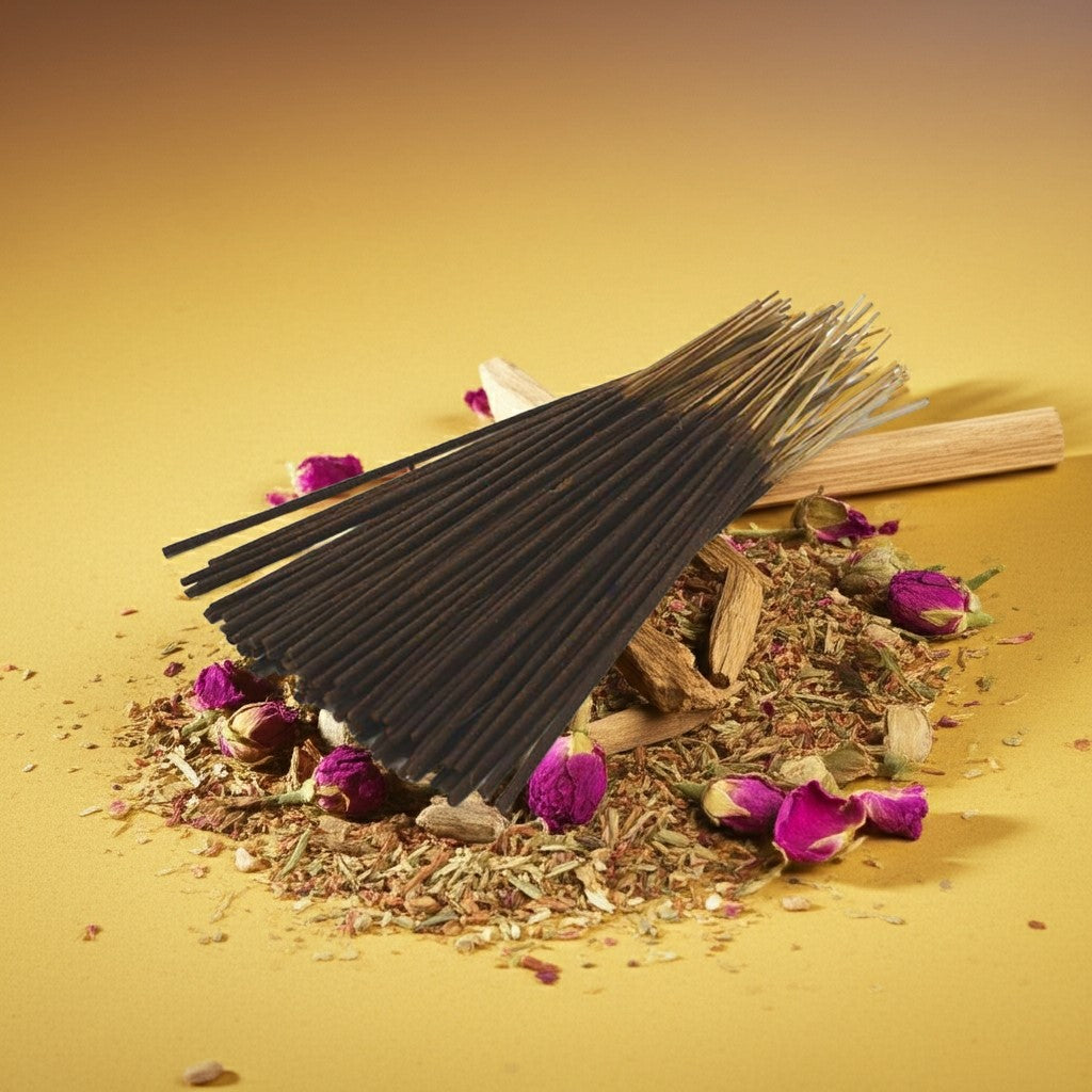 Nag Champa Incense Sticks with a wooden box on a beige background with pink petals and dried herbs.