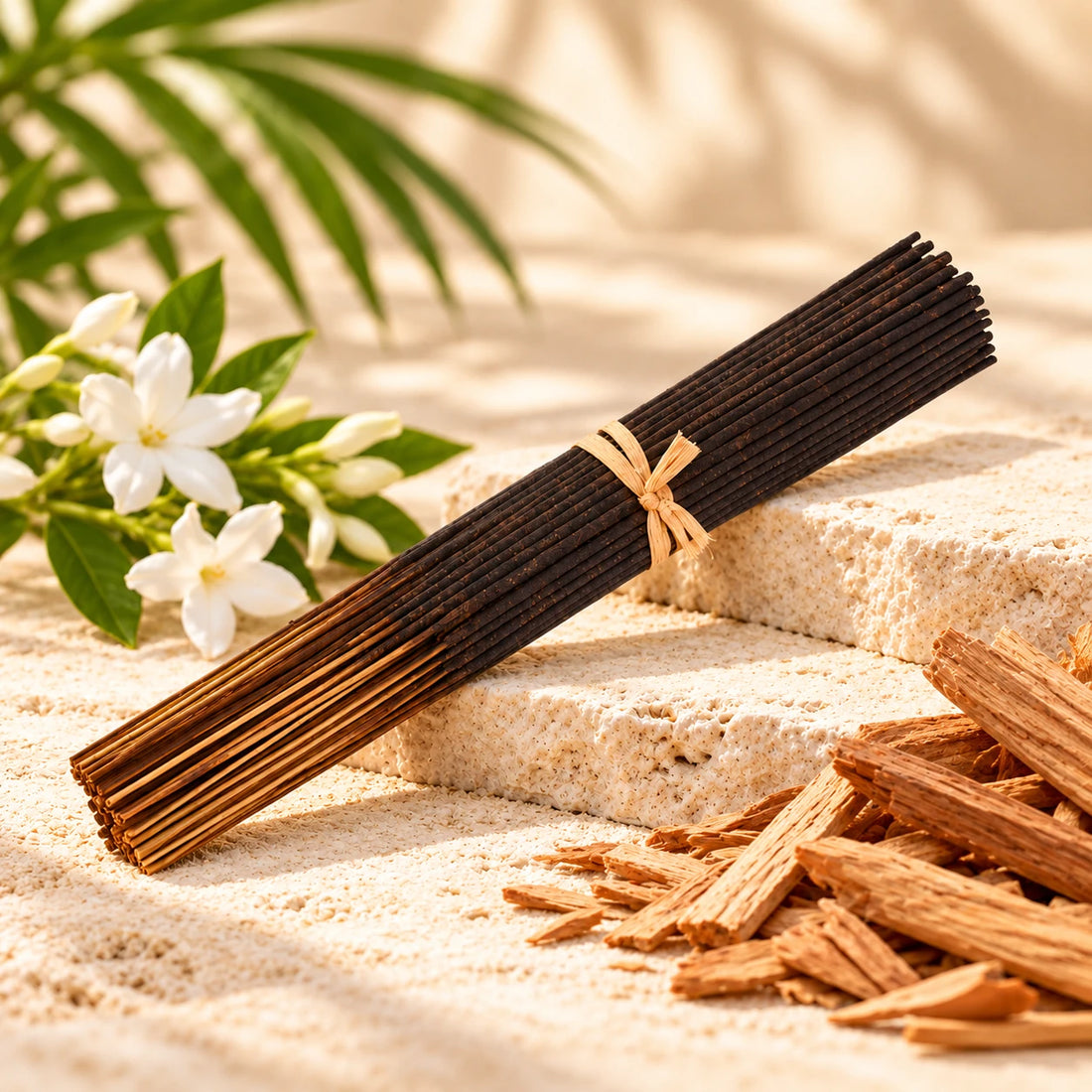Nag Champa Incense Sticks on cream stone.