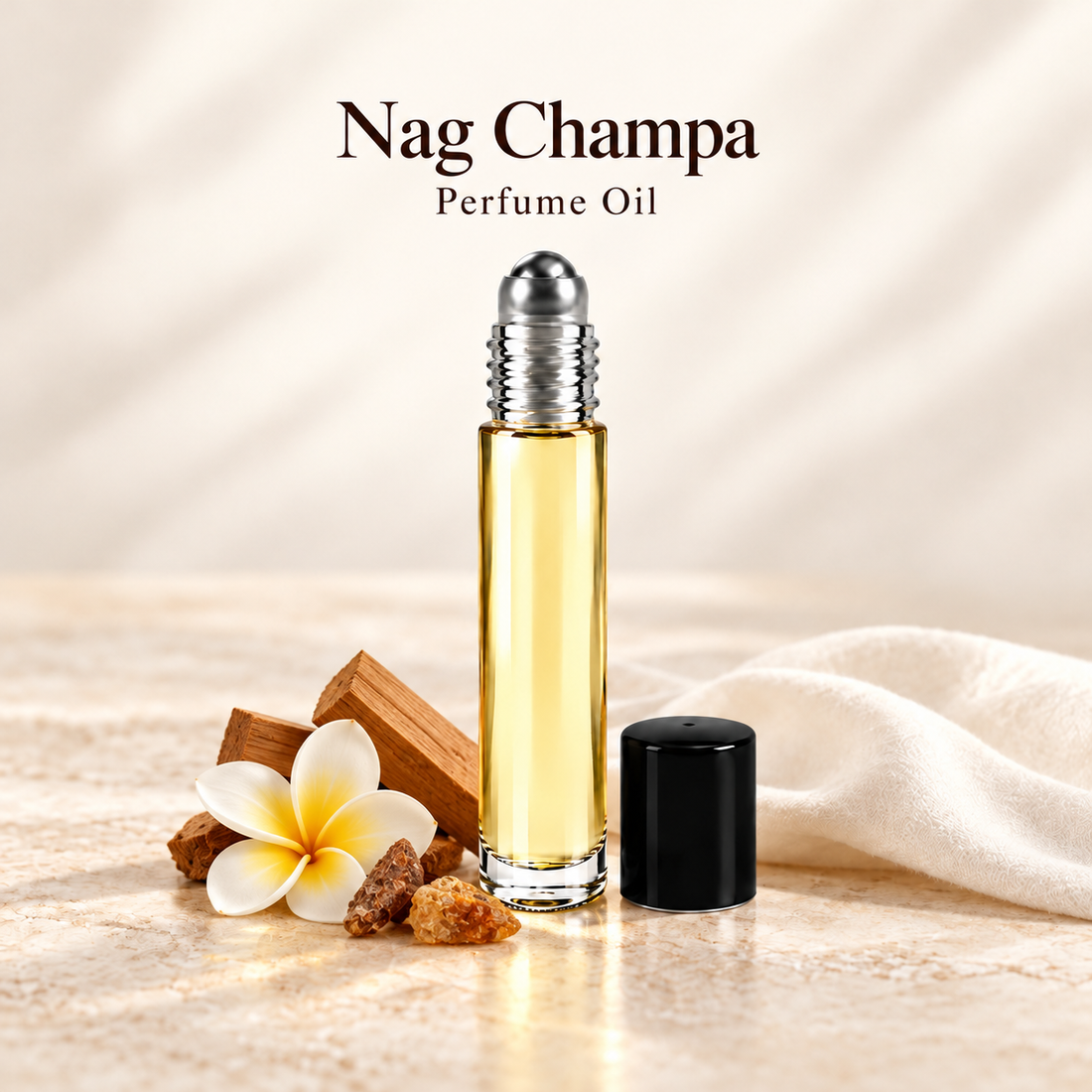 Nag Champa Perfume Oil with simple scent note accents on soft ivory