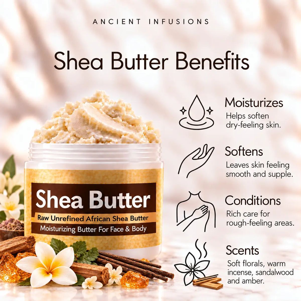 Nag Champa shea butter moisturizing, softening, conditioning and soft florals, warm incense, sandalwood and amber scented-skin benefits.