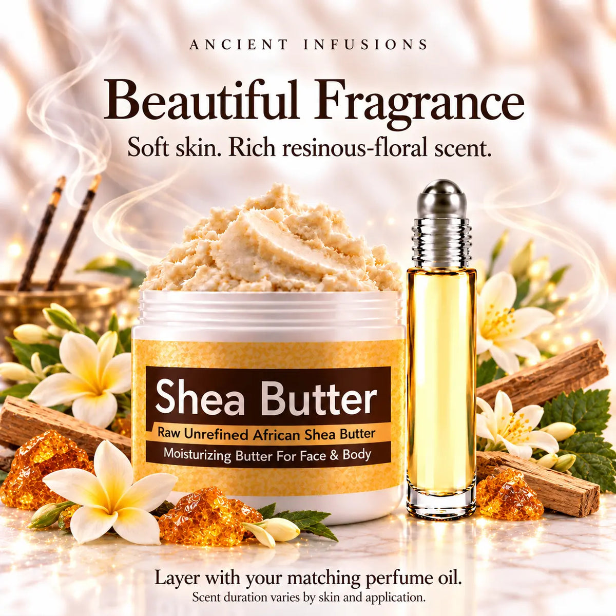 Nag Champa shea butter and matching perfume oil for fragrance layering; scent duration varies.