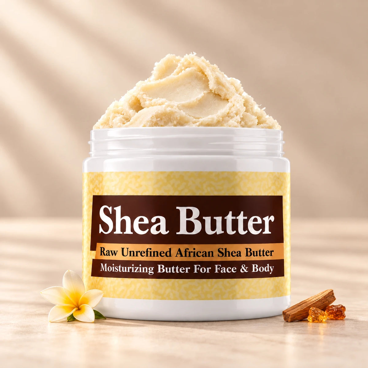 Nag Champa Shea Butter in an open white jar with textured ivory shea butter and simple scent accents on a soft cream background.
