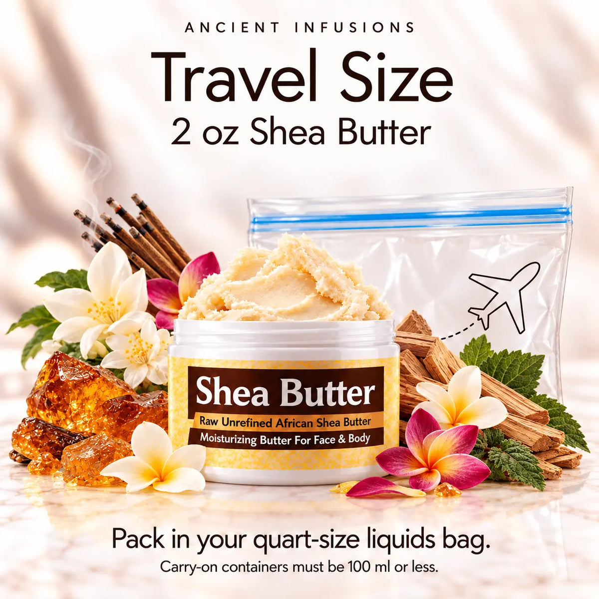 Two-ounce Nag Champa shea butter with quart-size liquids bag and carry-on packing guidance.