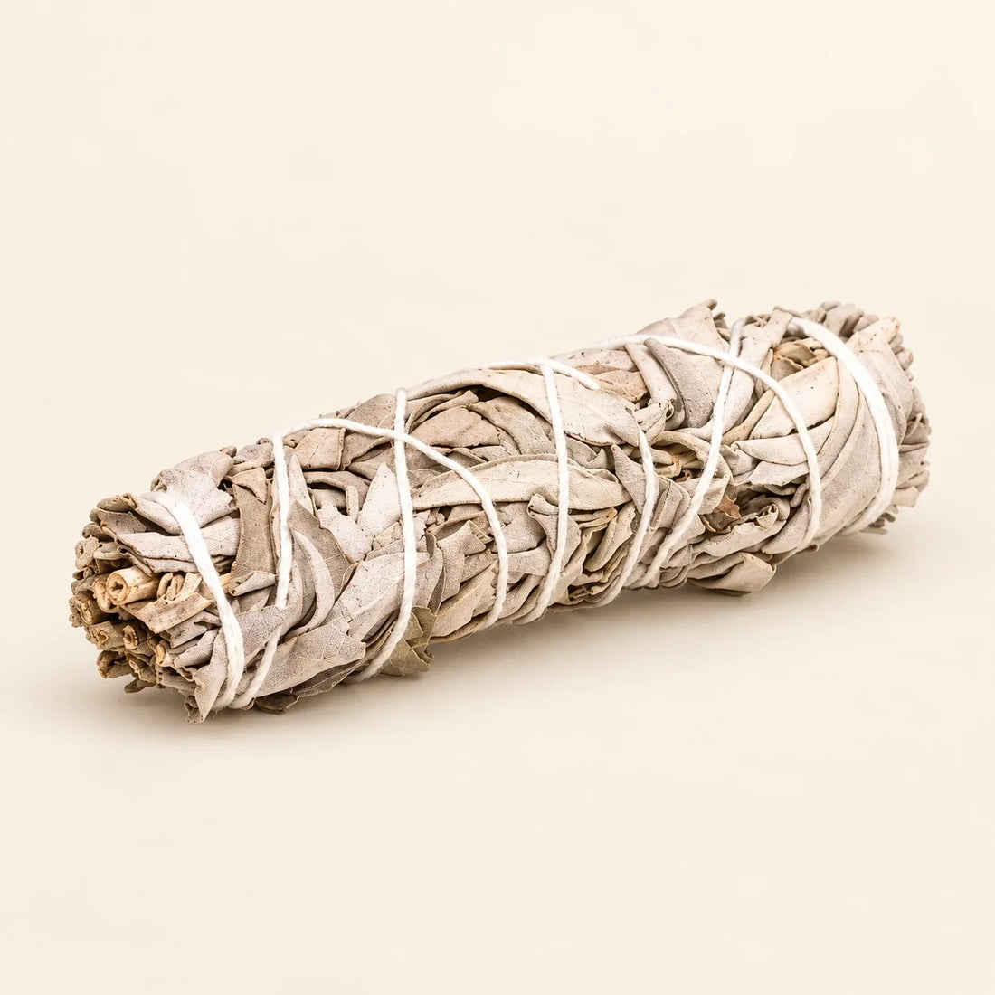 Single 4-inch white sage smudge stick on a soft ivory background