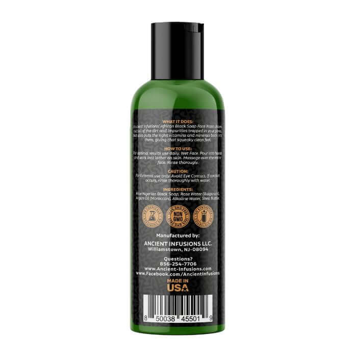 Back view of Raw African Black Soap Liquid Face Wash bottle with product details and certifications.