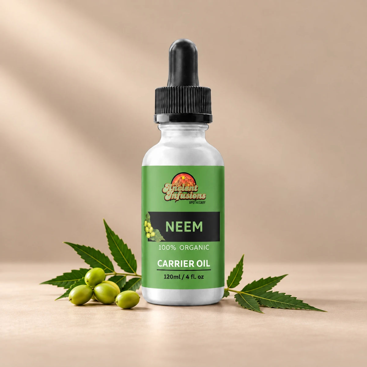 Ancient Infusions Neem Carrier Oil silver bottle with black dropper on a warm stone background.