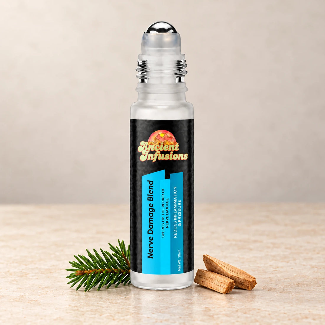 Ancient Infusions Nerve Damage Herbal Remedy Oil Calm & Restore single roller bottle with botanical accents on a soft ivory stone background.