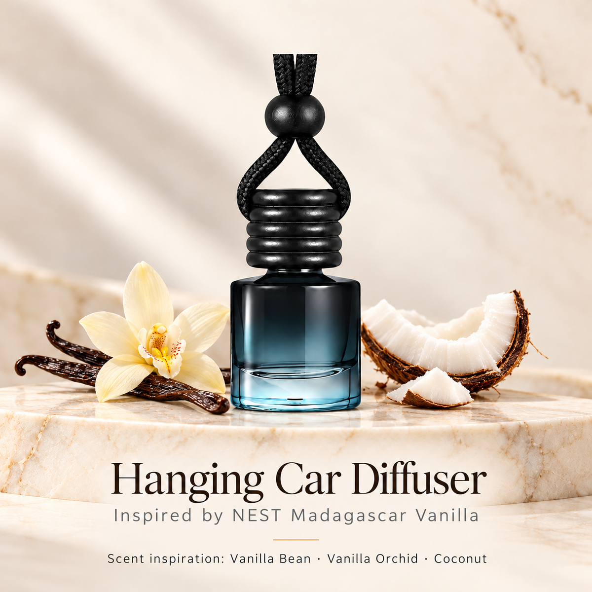 Hanging car diffuser inspired by NEST Madagascar Vanilla, with scent illustrations on warm ivory stone
