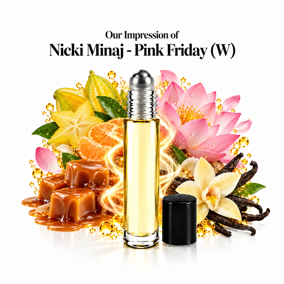 Nicki Minaj Pink Friday Perfume Oil roll-on with scent-note imagery