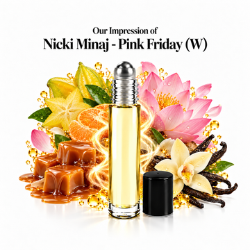 Nicki Minaj Pink Friday Perfume Oil roll-on with scent-note imagery