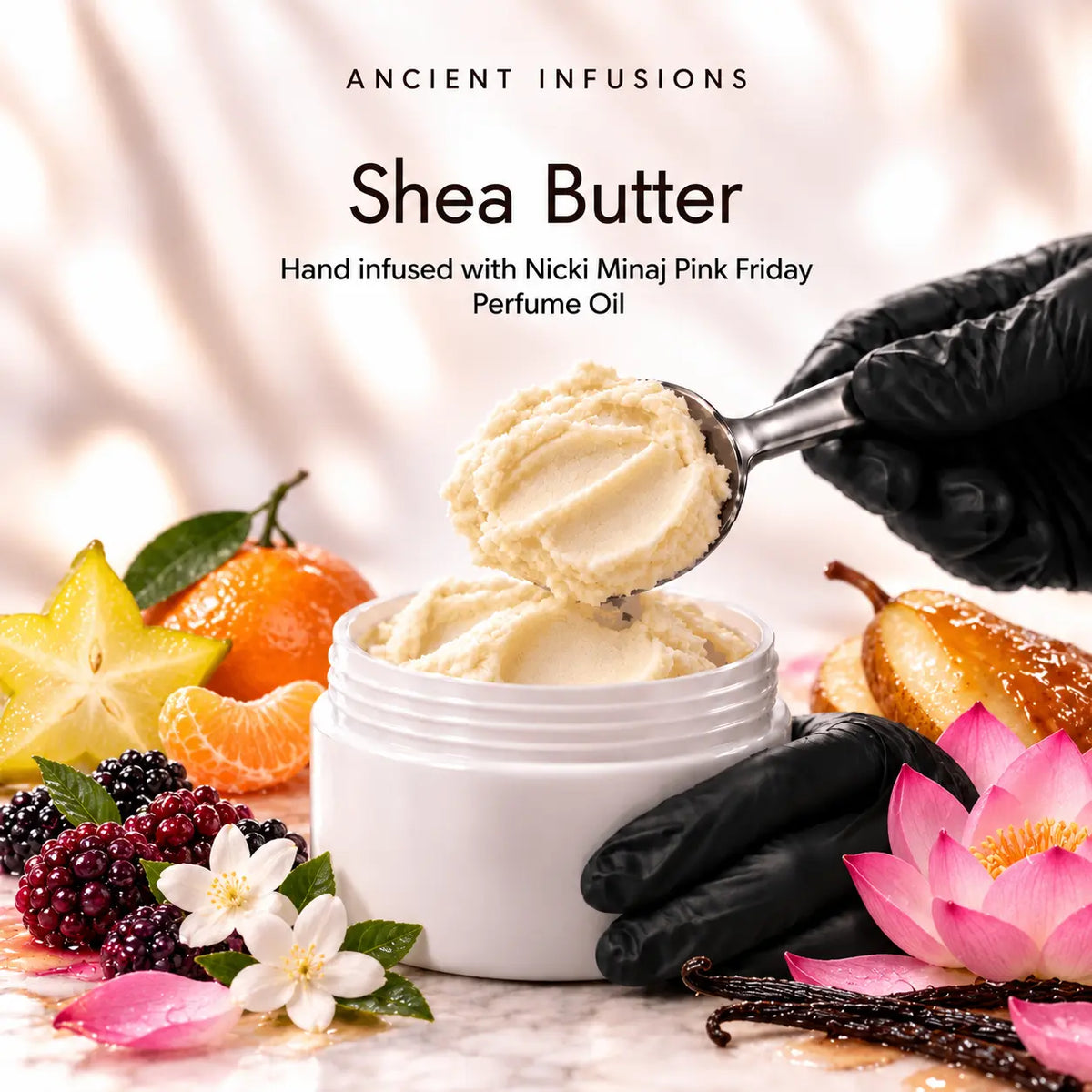 Black vinyl-gloved hands scoop raw shea butter hand infused with Nicki Minaj Pink Friday perfume oil.